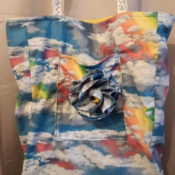 New Rainbow Clouds Tote Shopper Book shoulder Bag Blue Yellow Pink Double handle - Picture 3 of 8